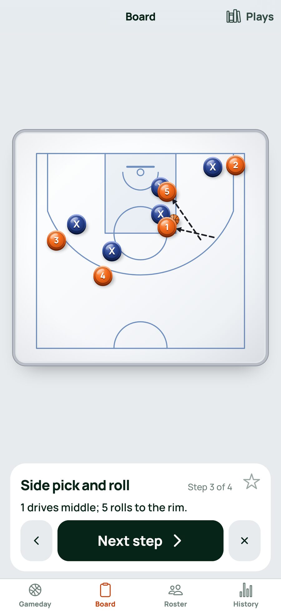The whiteboard with orange magnets, navy opposition, markers and an eraser